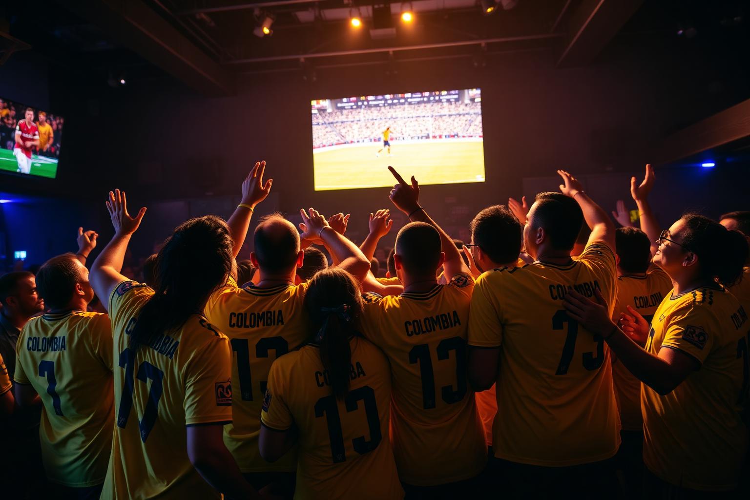 Aficionados con la camiseta de la Selección Colombia celebrando un gol frente a una pantalla LED gigante